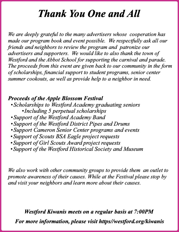 2024 APPLE BLOSSOM FESTIVAL PROGRAM « Westford Kiwanis